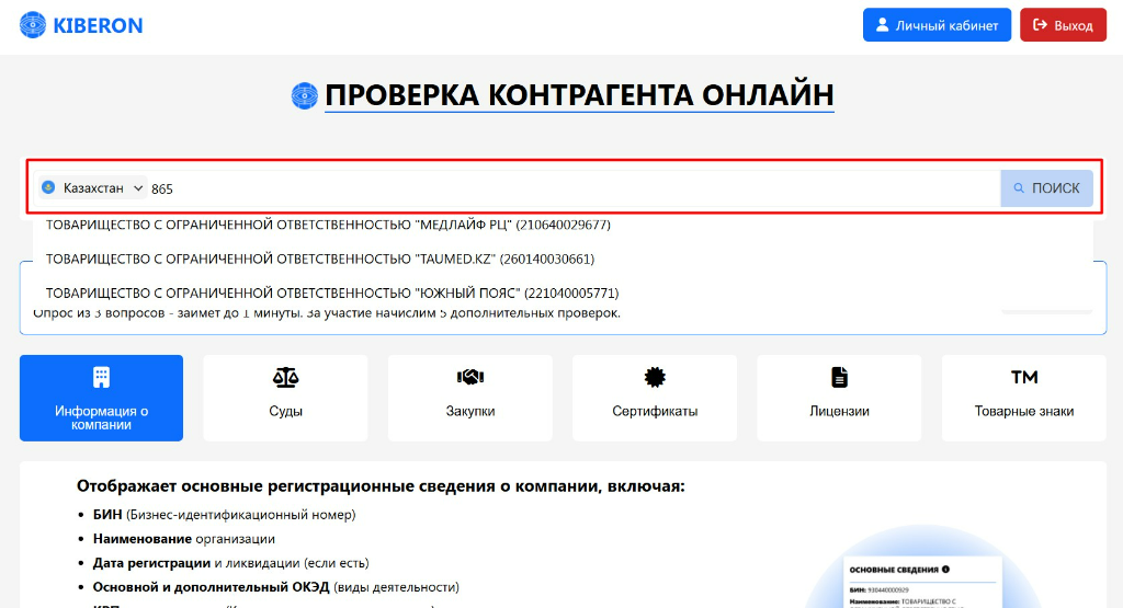 Проверка БИН компании в Казахстане в сервисе Kiberon