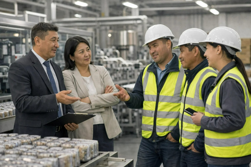 Деловая встреча партнеров на производстве в Казахстане