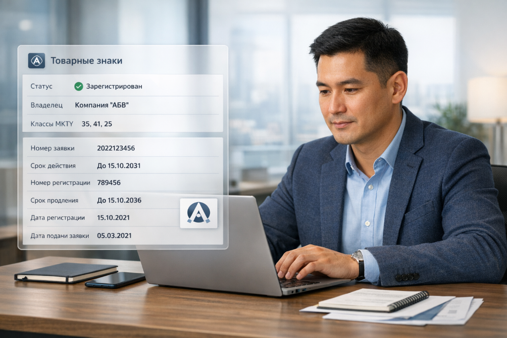 Специалист проверяет товарный знак компании в сервисе Kiberon в современном офис