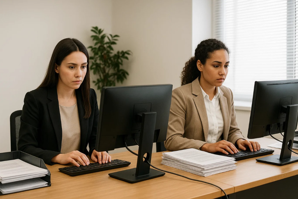 Сотрудницы в офисе проверяют данные по СНР в Казахстане с 2026 года